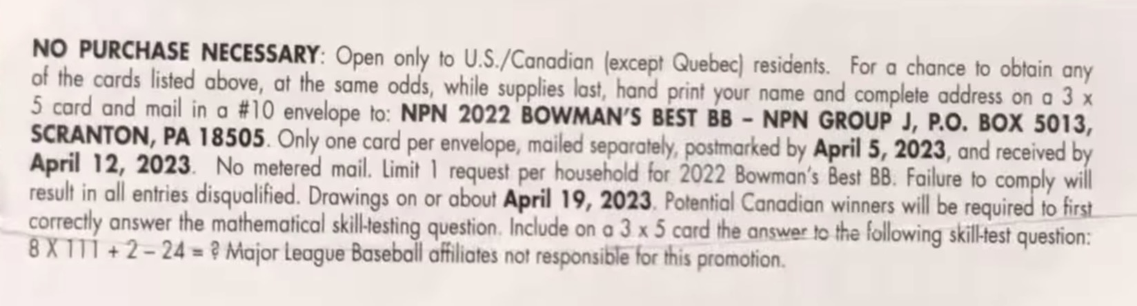 2022 Bowman’s Best Baseball Cards - Hobby Box - No Purchase Necessary (NPN) Information