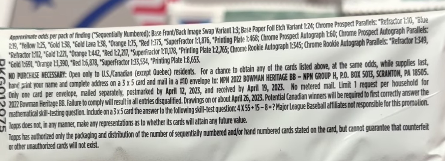 2022 Bowman Heritage Baseball Cards - Hobby Box - No Purchase Necessary (NPN) Information