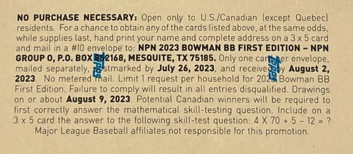 2023 Bowman 1st Edition Baseball Cards - Hobby Box - No Purchase Necessary (NPN) Information