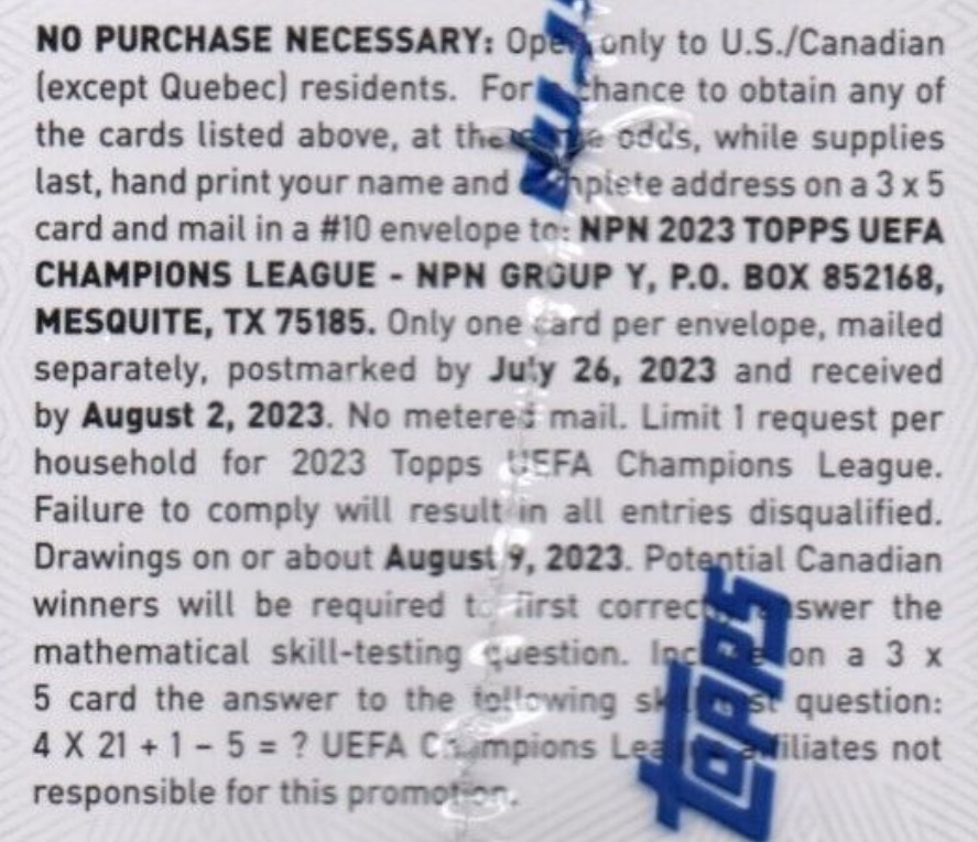 2022-23 Topps UEFA Club Competitions Soccer Cards - Blaster Box - No Purchase Necessary (NPN) Information