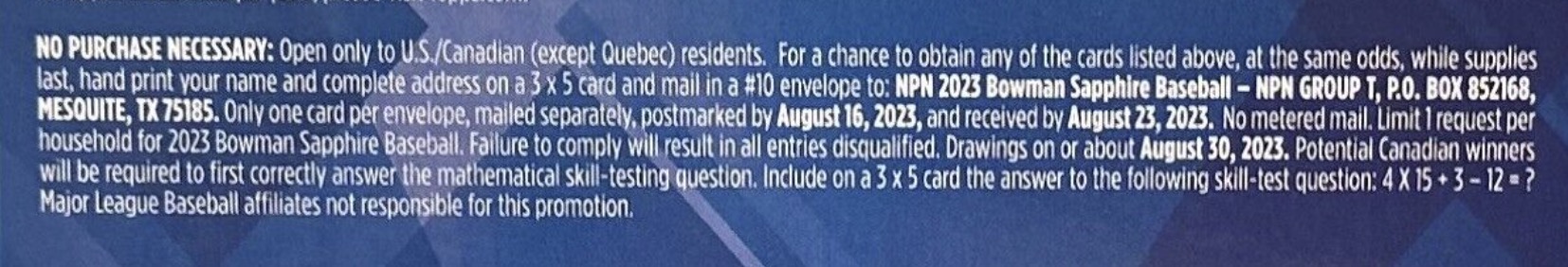 2023 Bowman Sapphire Edition Baseball Cards - Hobby Box - No Purchase Necessary (NPN) Information