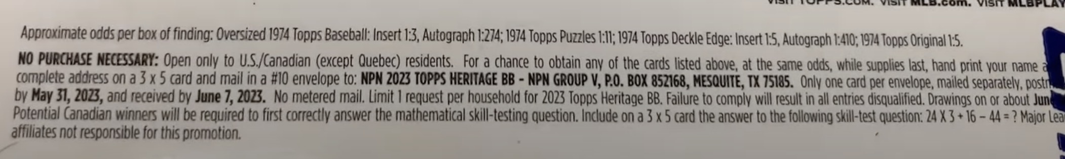 2023 Topps Heritage Baseball Cards - Hobby Box - No Purchase Necessary (NPN) Information