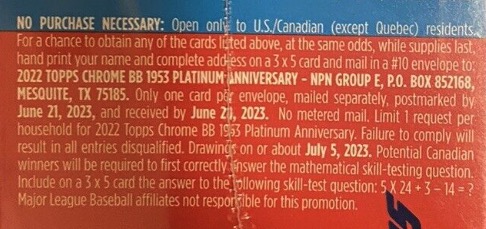 2022 Topps Chrome Platinum Anniversary Baseball Cards  - Blaster Box - No Purchase Necessary (NPN) Information