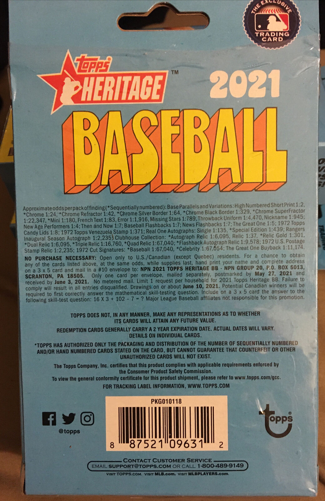 2021 Topps Heritage Baseball Cards - Hanger Box - No Purchase Necessary (NPN) Information